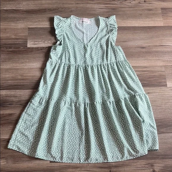 Ces Femme Sea Island Dress L Green White Ditsy Flutter Sleeve Cottagecore Boho - Picture 1 of 9